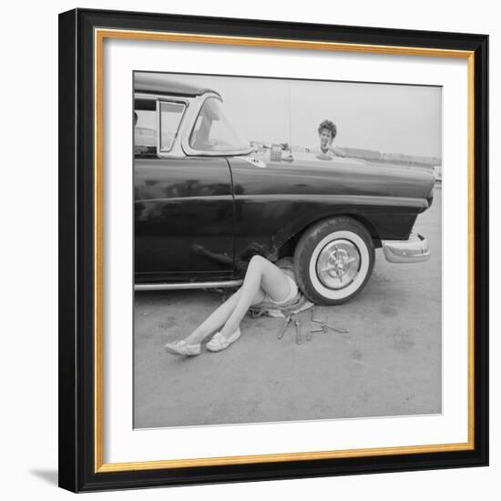 All-Girl "Dragettes" Hotrod Club Working on Car Engine with Children, Kansas City, Kansas, 1959-Francis Miller-Framed Photographic Print
