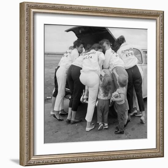 All-Girl "Dragettes" Hotrod Club Working on Car Engine with Children, Kansas City, Kansas, 1959-Francis Miller-Framed Photographic Print