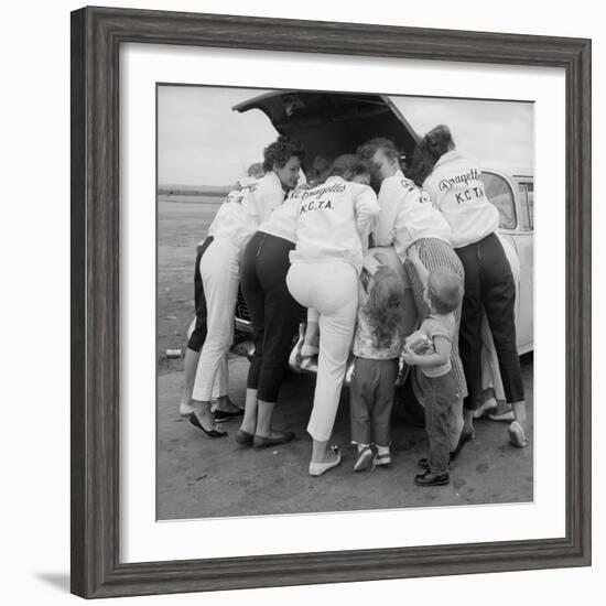 All-Girl "Dragettes" Hotrod Club Working on Car Engine with Children, Kansas City, Kansas, 1959-Francis Miller-Framed Photographic Print