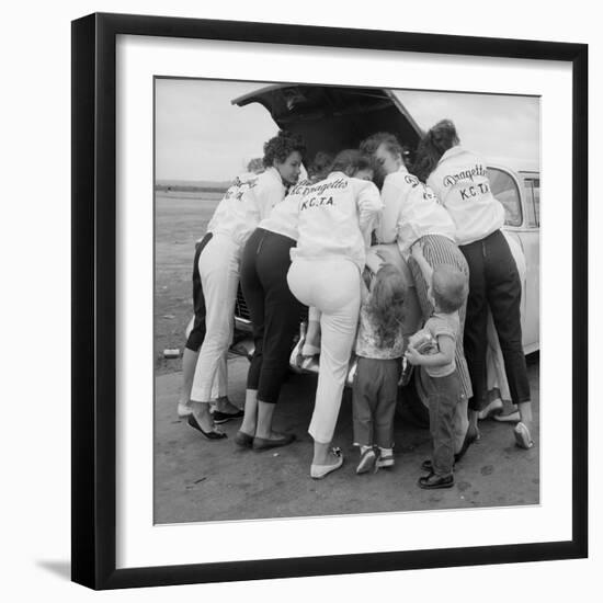 All-Girl "Dragettes" Hotrod Club Working on Car Engine with Children, Kansas City, Kansas, 1959-Francis Miller-Framed Photographic Print