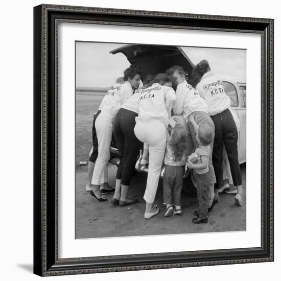 All-Girl "Dragettes" Hotrod Club Working on Car Engine with Children, Kansas City, Kansas, 1959-Francis Miller-Framed Photographic Print