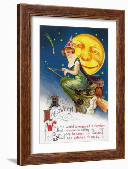 All Halloween Witch on a Broom by Full Moon Scene-Lantern Press-Framed Art Print