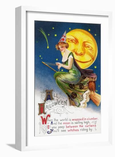 All Halloween Witch on a Broom by Full Moon Scene-Lantern Press-Framed Art Print