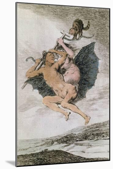 Alla Va Eso (There it Goes), Plate 66 of 'Los Caprichos', Late 18th (Colour Engraving)-Francisco de Goya-Mounted Giclee Print