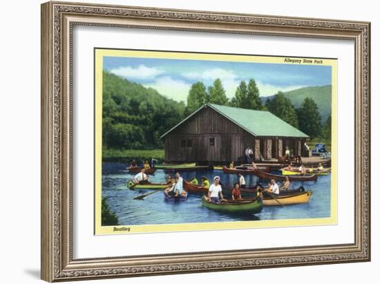 Allegany State Park, New York - View of Tourists Canoeing by the Boat House-Lantern Press-Framed Art Print