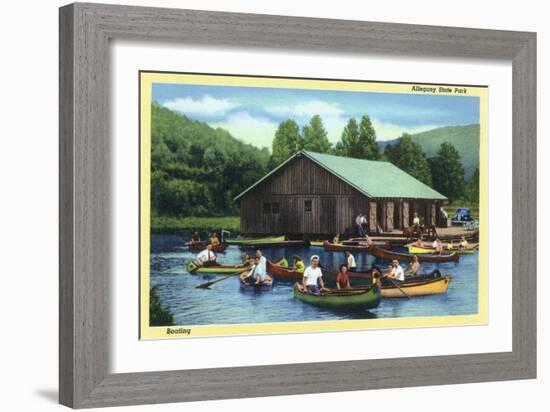 Allegany State Park, New York - View of Tourists Canoeing by the Boat House-Lantern Press-Framed Art Print