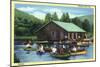 Allegany State Park, New York - View of Tourists Canoeing by the Boat House-Lantern Press-Mounted Art Print