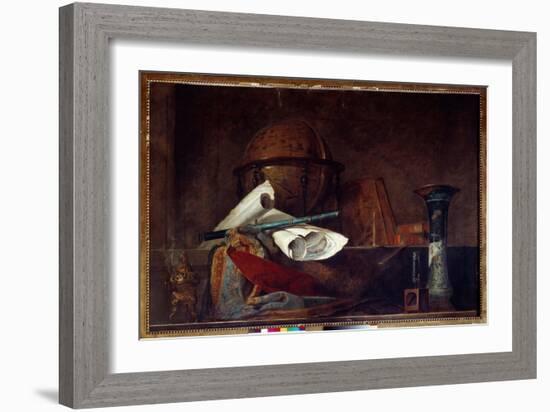 Allegory of Science Still Life, Globe, Geographic Maps, Books and Vase. Painting by Jean Baptiste S-Jean-Baptiste Simeon Chardin-Framed Giclee Print