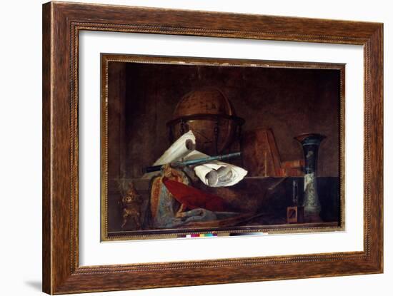 Allegory of Science Still Life, Globe, Geographic Maps, Books and Vase. Painting by Jean Baptiste S-Jean-Baptiste Simeon Chardin-Framed Giclee Print