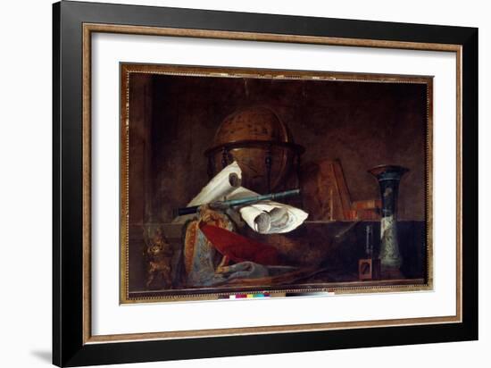 Allegory of Science Still Life, Globe, Geographic Maps, Books and Vase. Painting by Jean Baptiste S-Jean-Baptiste Simeon Chardin-Framed Giclee Print