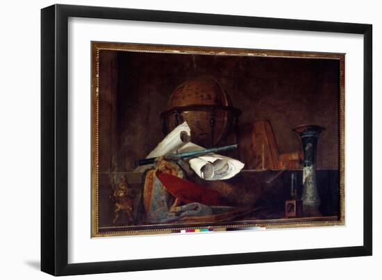 Allegory of Science Still Life, Globe, Geographic Maps, Books and Vase. Painting by Jean Baptiste S-Jean-Baptiste Simeon Chardin-Framed Giclee Print