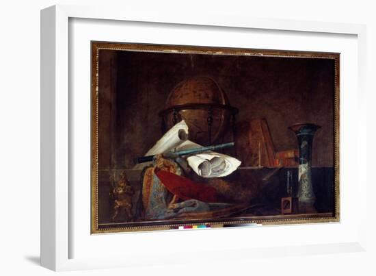 Allegory of Science Still Life, Globe, Geographic Maps, Books and Vase. Painting by Jean Baptiste S-Jean-Baptiste Simeon Chardin-Framed Giclee Print