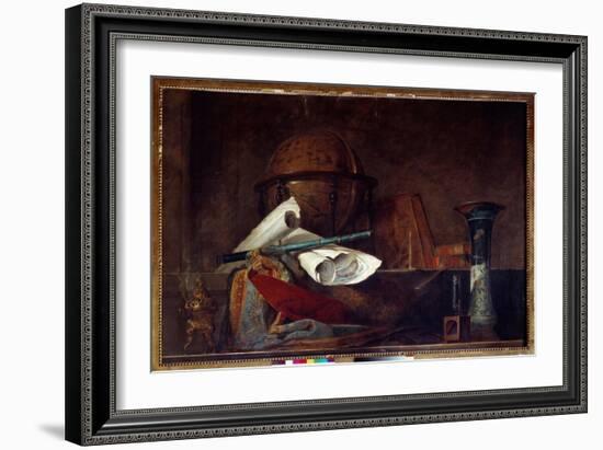 Allegory of Science Still Life, Globe, Geographic Maps, Books and Vase. Painting by Jean Baptiste S-Jean-Baptiste Simeon Chardin-Framed Giclee Print