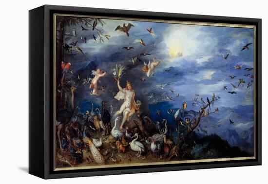 Allegory of the Air Young Naked Woman Surrounded by All Species of Birds. Painting by Jan Breugel L-Jan the Elder Brueghel-Framed Premier Image Canvas