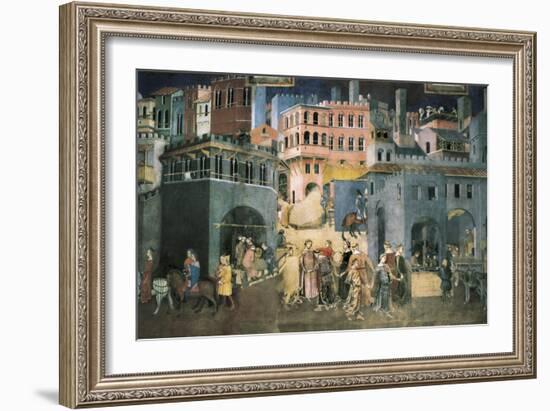 Allegory of the Good Government: Effects of Good Government on the City Life-Ambrogio Lorenzetti-Framed Art Print