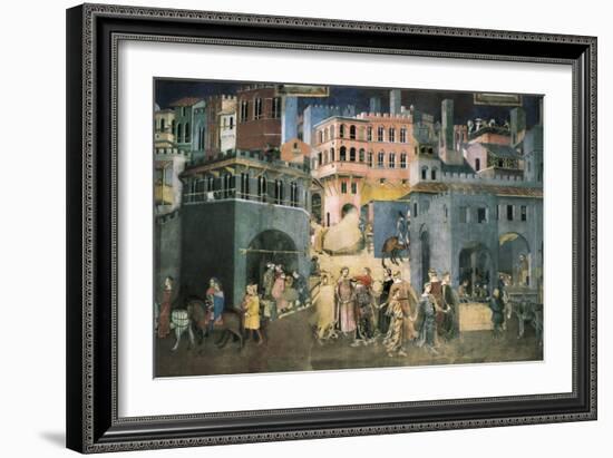 Allegory of the Good Government: Effects of Good Government on the City Life-Ambrogio Lorenzetti-Framed Art Print