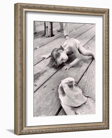 Allen Cook's Daughter Looking at the Open Mouth of a Just Caught, Giant Fish-Alfred Eisenstaedt-Framed Photographic Print