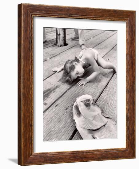 Allen Cook's Daughter Looking at the Open Mouth of a Just Caught, Giant Fish-Alfred Eisenstaedt-Framed Photographic Print