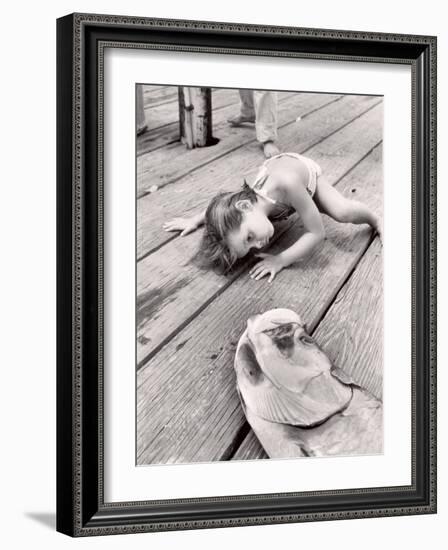 Allen Cook's Daughter Looking at the Open Mouth of a Just Caught, Giant Fish-Alfred Eisenstaedt-Framed Photographic Print