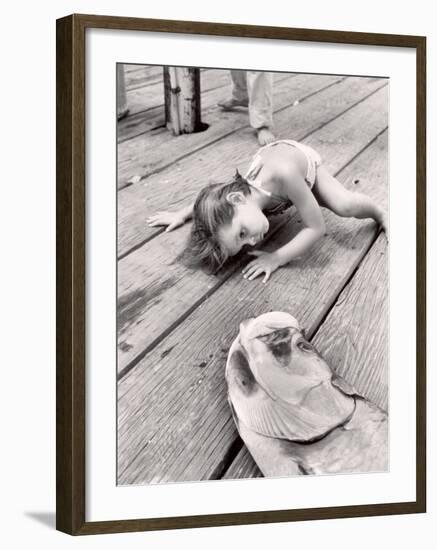 Allen Cook's Daughter Looking at the Open Mouth of a Just Caught, Giant Fish-Alfred Eisenstaedt-Framed Photographic Print