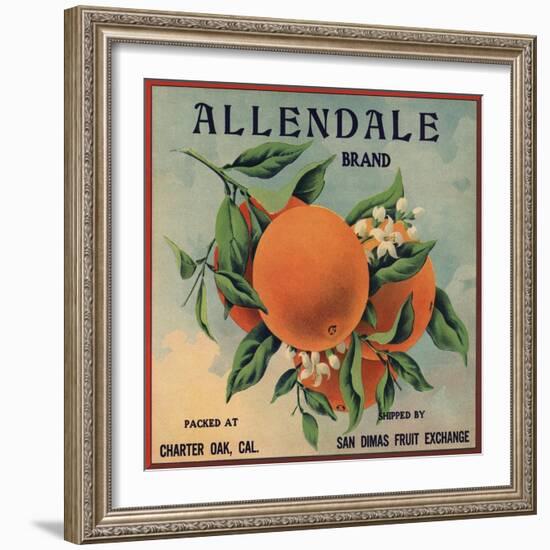 Allendale Brand - Charter Oak, California - Citrus Crate Label-Lantern Press-Framed Art Print