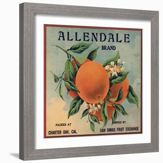 Allendale Brand - Charter Oak, California - Citrus Crate Label-Lantern Press-Framed Art Print