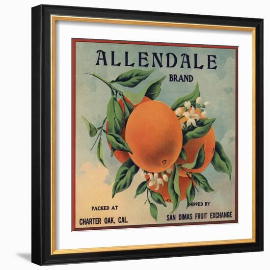Allendale Brand - Charter Oak, California - Citrus Crate Label-Lantern Press-Framed Art Print