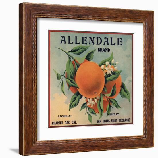 Allendale Brand - Charter Oak, California - Citrus Crate Label-Lantern Press-Framed Art Print