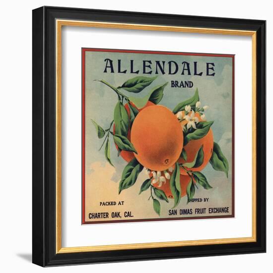 Allendale Brand - Charter Oak, California - Citrus Crate Label-Lantern Press-Framed Art Print