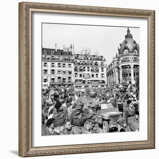 Allied Forces and French Civilians Celebrating the Liberation of Paris, Hotel De La Ville-Frank Scherschel-Framed Photographic Print