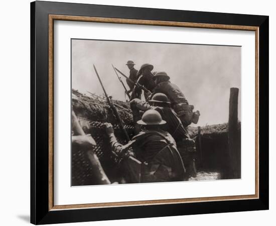 Allied Soldiers Go over the Top During World War I, Ca. 1917-null-Framed Photo