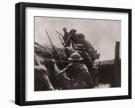 Allied Soldiers Go over the Top During World War I, Ca. 1917-null-Framed Photo