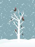 Snow Fall Background with Birds Sitting on Dry Tree Branch Vector for Merry Christmas-Allies Interactive-Mounted Art Print