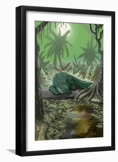 Alligator in Swamp-Lantern Press-Framed Art Print