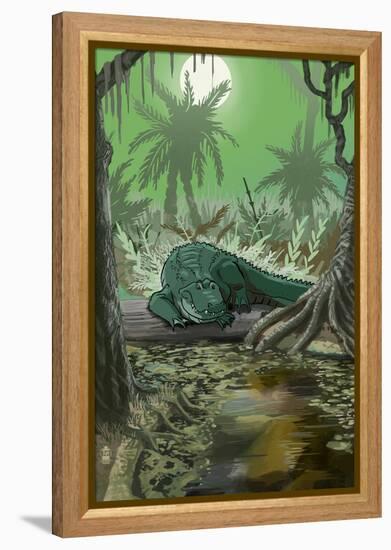 Alligator in Swamp-Lantern Press-Framed Stretched Canvas