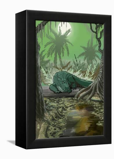 Alligator in Swamp-Lantern Press-Framed Stretched Canvas