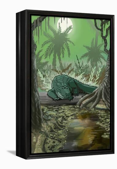 Alligator in Swamp-Lantern Press-Framed Stretched Canvas