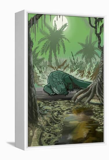 Alligator in Swamp-Lantern Press-Framed Stretched Canvas