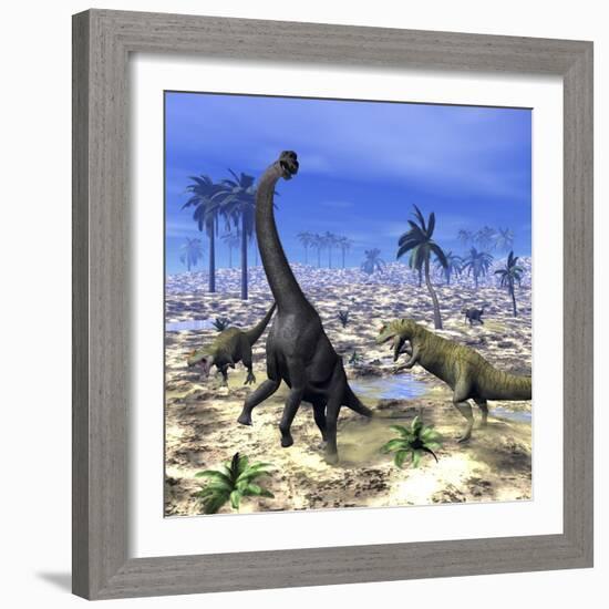 Allosaurus Dinosaurs Attacking a Brachiosaurus in the Desert-Stocktrek Images-Framed Premium Giclee Print