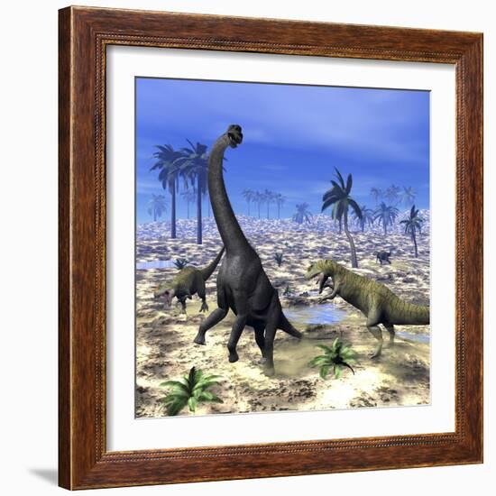 Allosaurus Dinosaurs Attacking a Brachiosaurus in the Desert-Stocktrek Images-Framed Premium Giclee Print