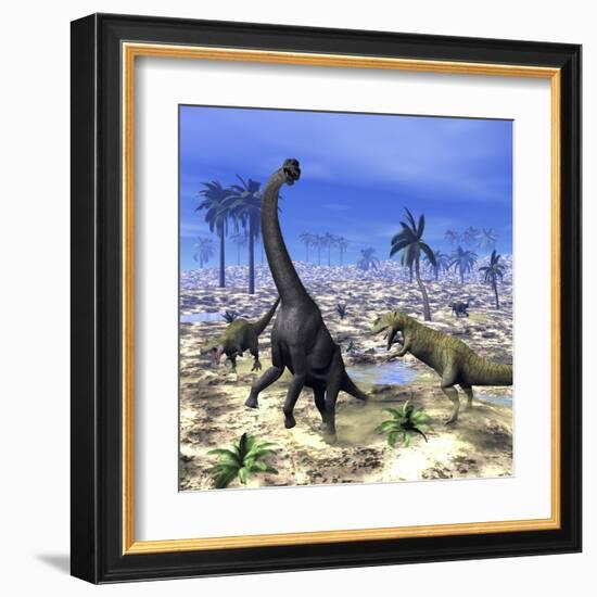 Allosaurus Dinosaurs Attacking a Brachiosaurus in the Desert-Stocktrek Images-Framed Art Print