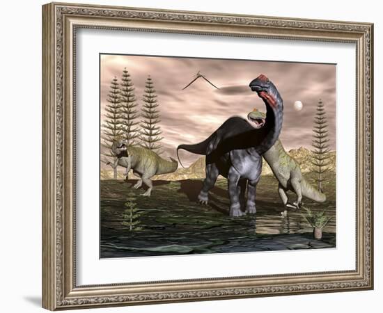 Allosaurus Dinosaurs Attacking an Apatosaurus-Stocktrek Images-Framed Art Print