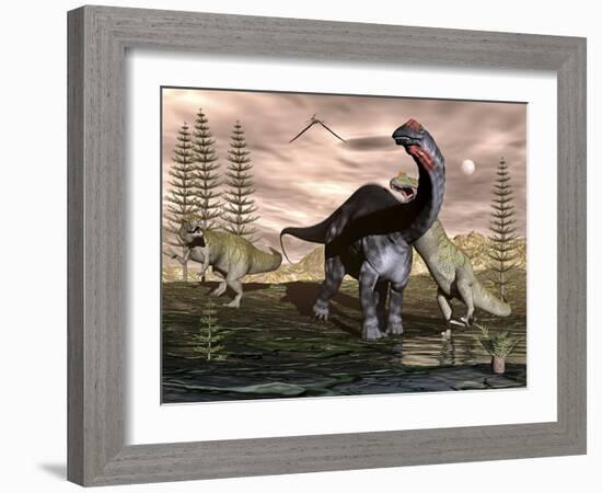 Allosaurus Dinosaurs Attacking an Apatosaurus-Stocktrek Images-Framed Art Print