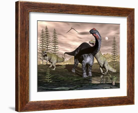 Allosaurus Dinosaurs Attacking an Apatosaurus-Stocktrek Images-Framed Art Print