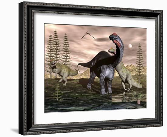 Allosaurus Dinosaurs Attacking an Apatosaurus-Stocktrek Images-Framed Art Print