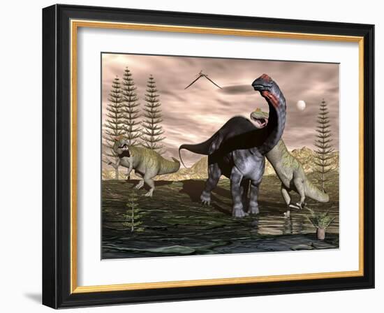 Allosaurus Dinosaurs Attacking an Apatosaurus-Stocktrek Images-Framed Art Print