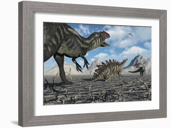 Allosaurus Dinosaurs Moving in to Kill a Stegosaurus Trapped in a Mud Pit-null-Framed Premium Giclee Print