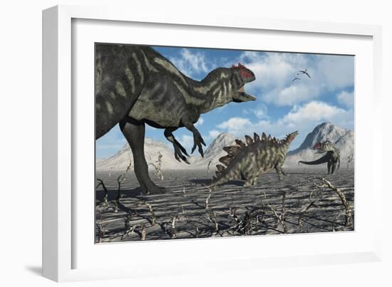 Allosaurus Dinosaurs Moving in to Kill a Stegosaurus Trapped in a Mud Pit-null-Framed Premium Giclee Print