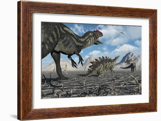 Allosaurus Dinosaurs Moving in to Kill a Stegosaurus Trapped in a Mud Pit-null-Framed Art Print