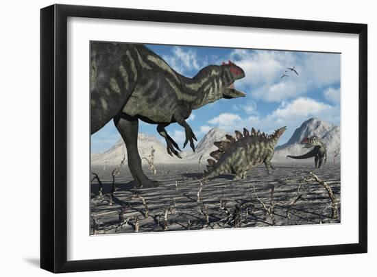 Allosaurus Dinosaurs Moving in to Kill a Stegosaurus Trapped in a Mud Pit-null-Framed Art Print